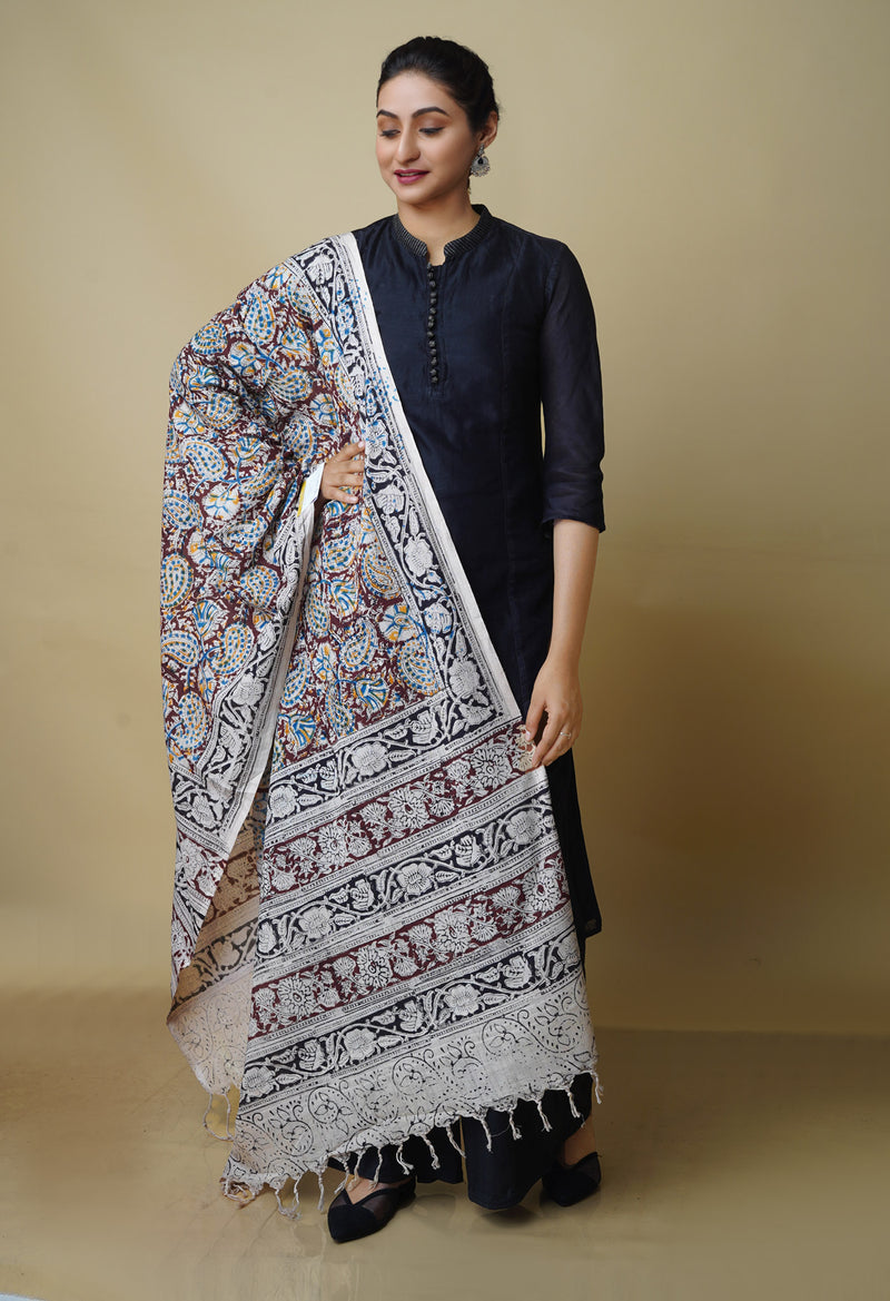 Multi Pure Kalamkari Handblock Printed Mulmul Cotton Dupatta–UDS4053