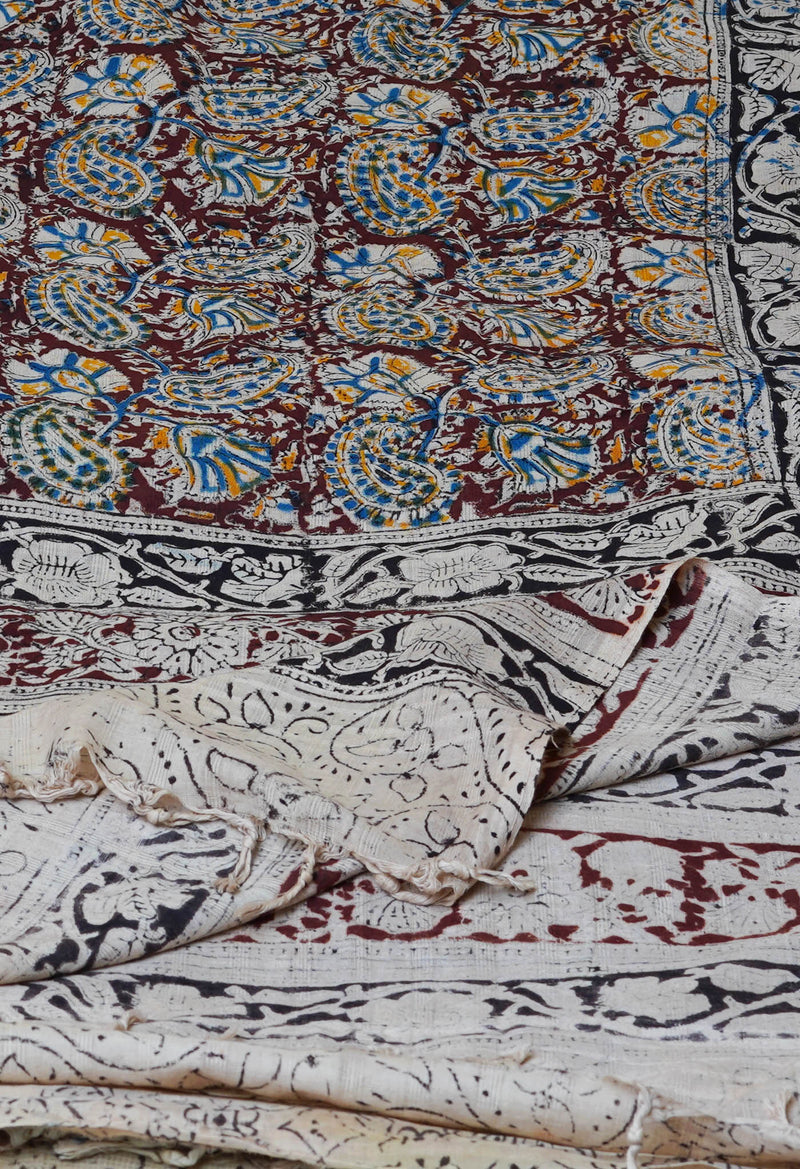 Multi Pure Kalamkari Handblock Printed Mulmul Cotton Dupatta–UDS4053