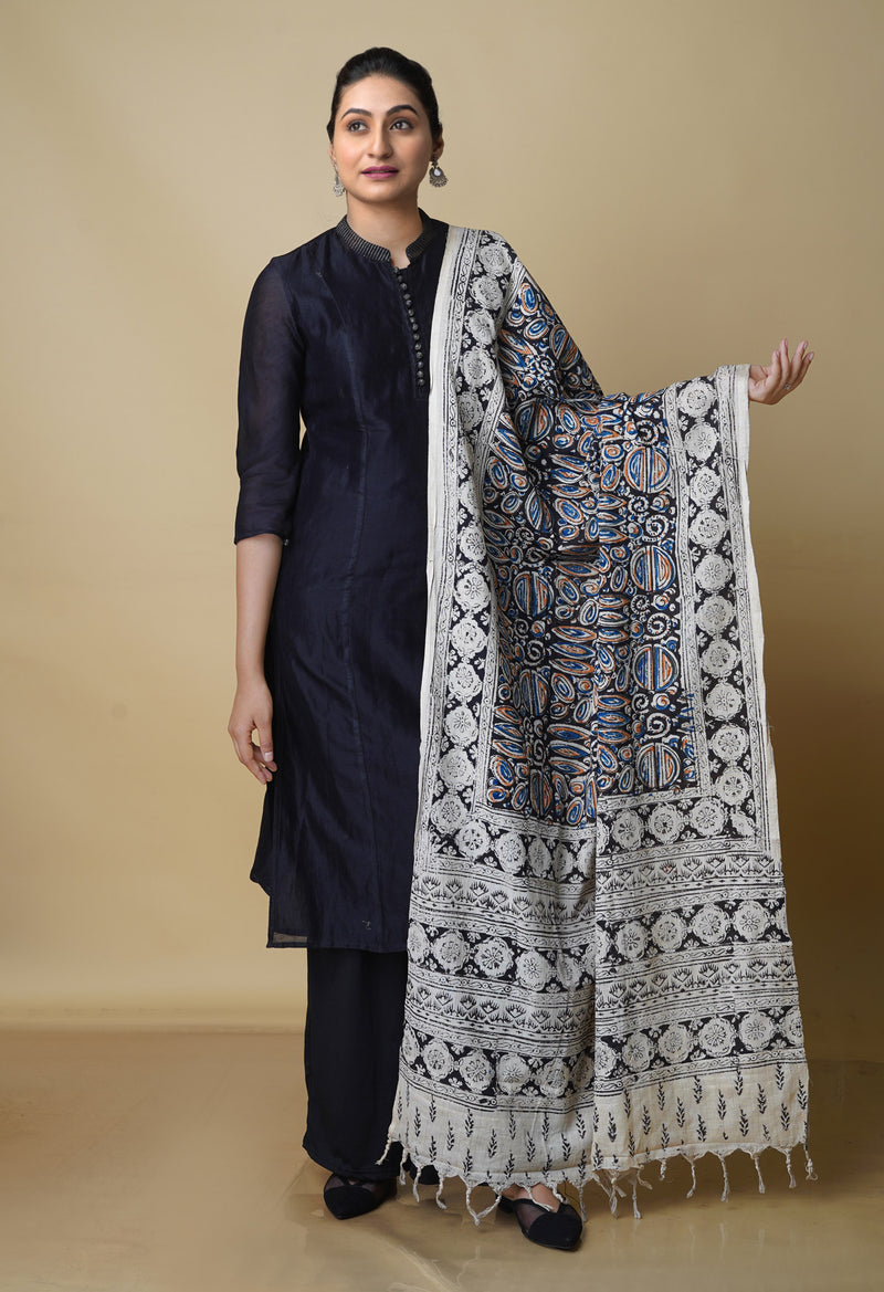 Multi Pure Kalamkari Handblock Printed Mulmul Cotton Dupatta–UDS4054