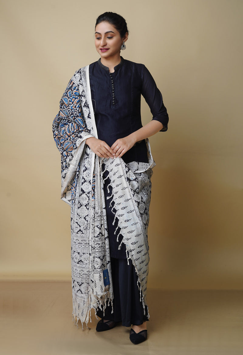 Multi Pure Kalamkari Handblock Printed Mulmul Cotton Dupatta–UDS4054