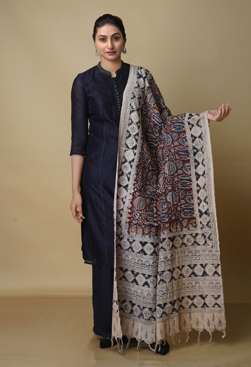 Multi Pure Kalamkari Handblock Printed Mulmul Cotton Dupatta–UDS4055