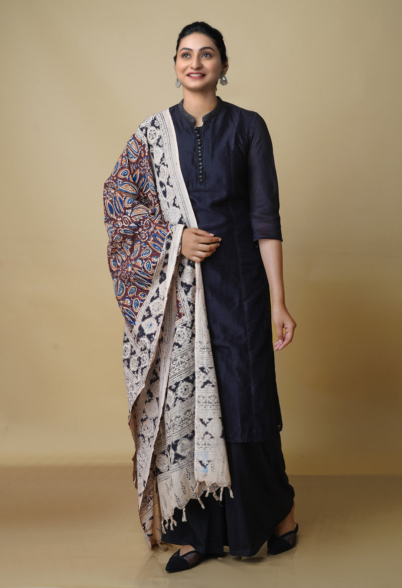Multi Pure Kalamkari Handblock Printed Mulmul Cotton Dupatta–UDS4055
