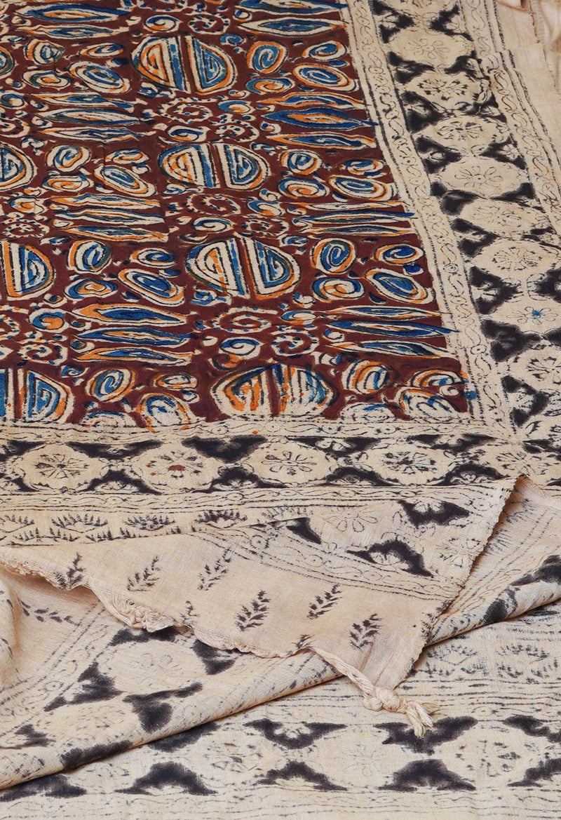 Multi Pure Kalamkari Handblock Printed Mulmul Cotton Dupatta–UDS4055