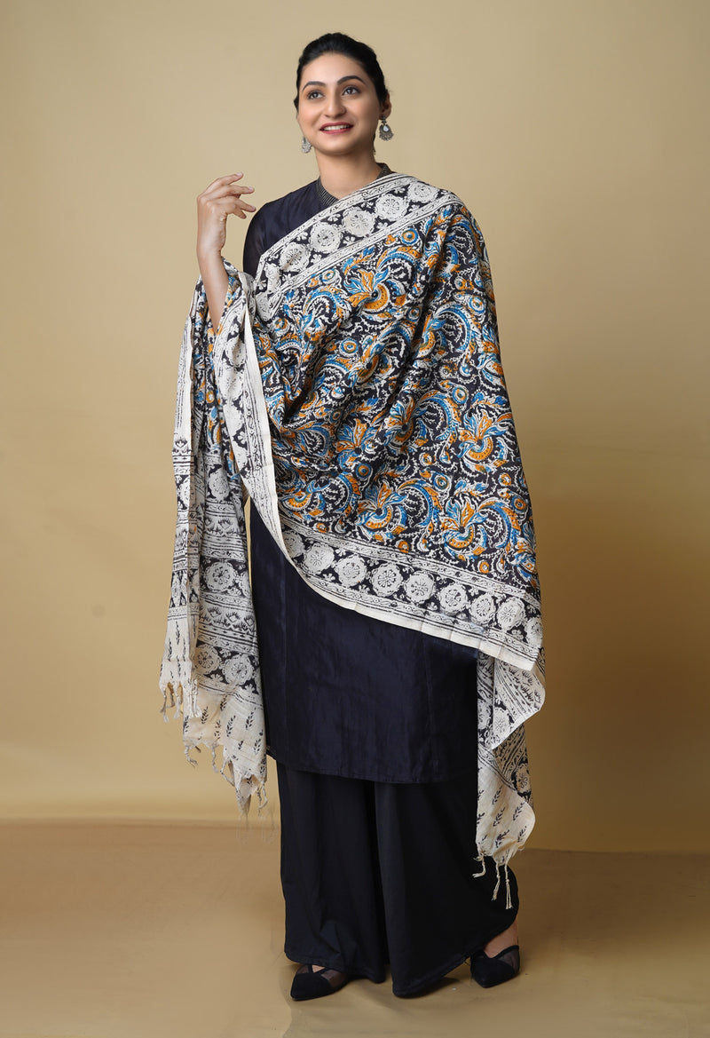 Multi Pure Kalamkari Handblock Printed Mulmul Cotton Dupatta–UDS4059