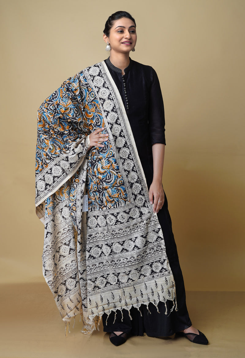 Multi Pure Kalamkari Handblock Printed Mulmul Cotton Dupatta–UDS4059