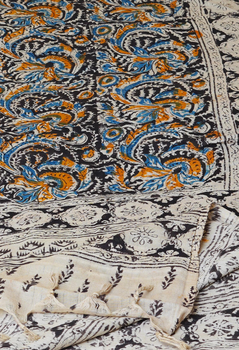 Multi Pure Kalamkari Handblock Printed Mulmul Cotton Dupatta–UDS4059