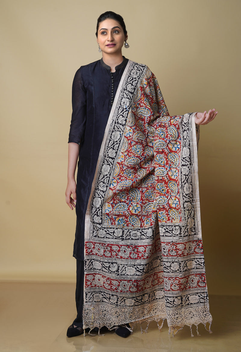 Multi Pure Kalamkari Handblock Printed Mulmul Cotton Dupatta–UDS4061