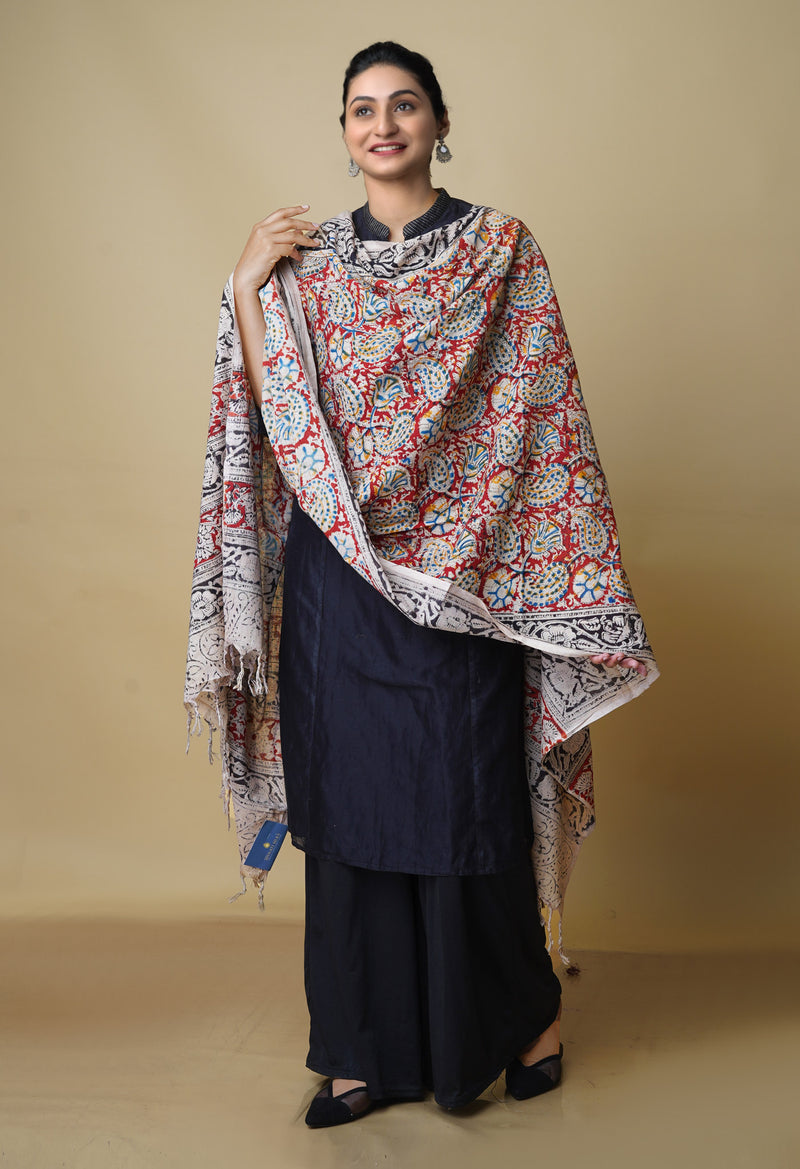 Multi Pure Kalamkari Handblock Printed Mulmul Cotton Dupatta–UDS4061