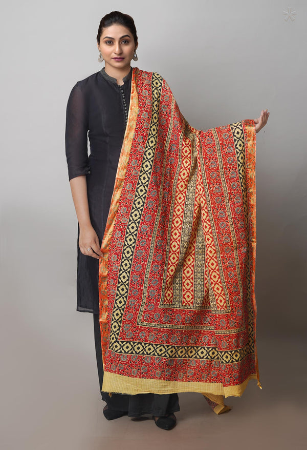 Multi Pure Ajrakh Mulmul Cotton Dupatta With Zari Border-UDS4161