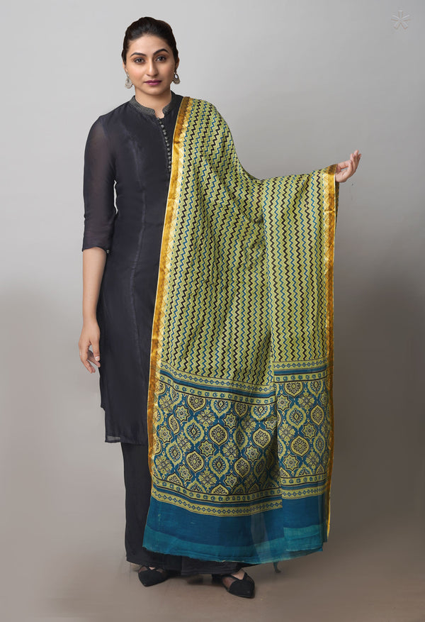 Multi Pure Ajrakh Mulmul Cotton Dupatta With Zari Border-UDS4168