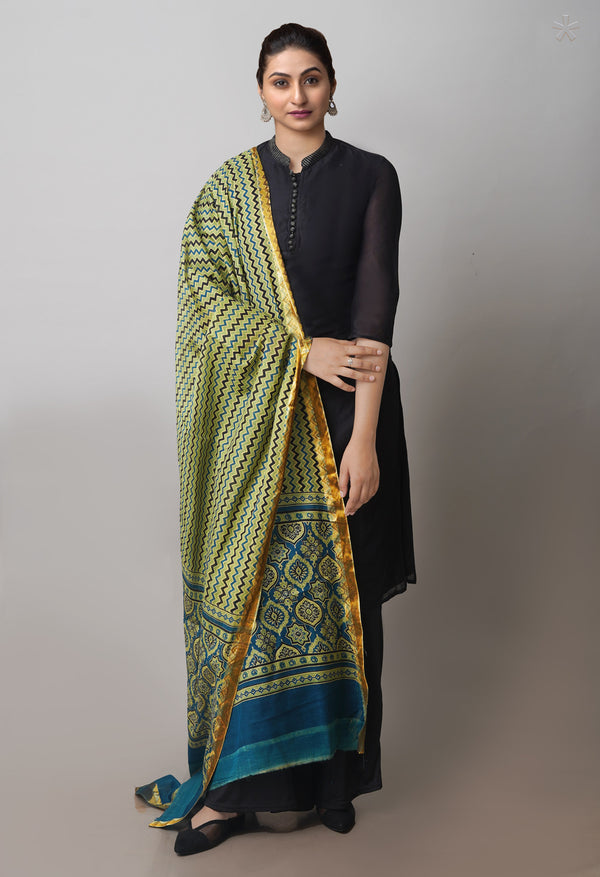 Multi Pure Ajrakh Mulmul Cotton Dupatta With Zari Border-UDS4168