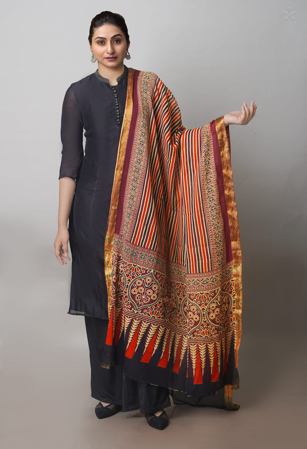 Multi Pure Ajrakh Mulmul Cotton Dupatta With Zari Border-UDS4186