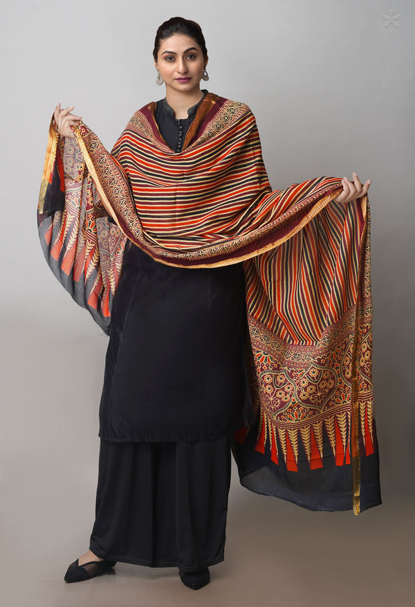 Multi Pure Ajrakh Mulmul Cotton Dupatta With Zari Border-UDS4186