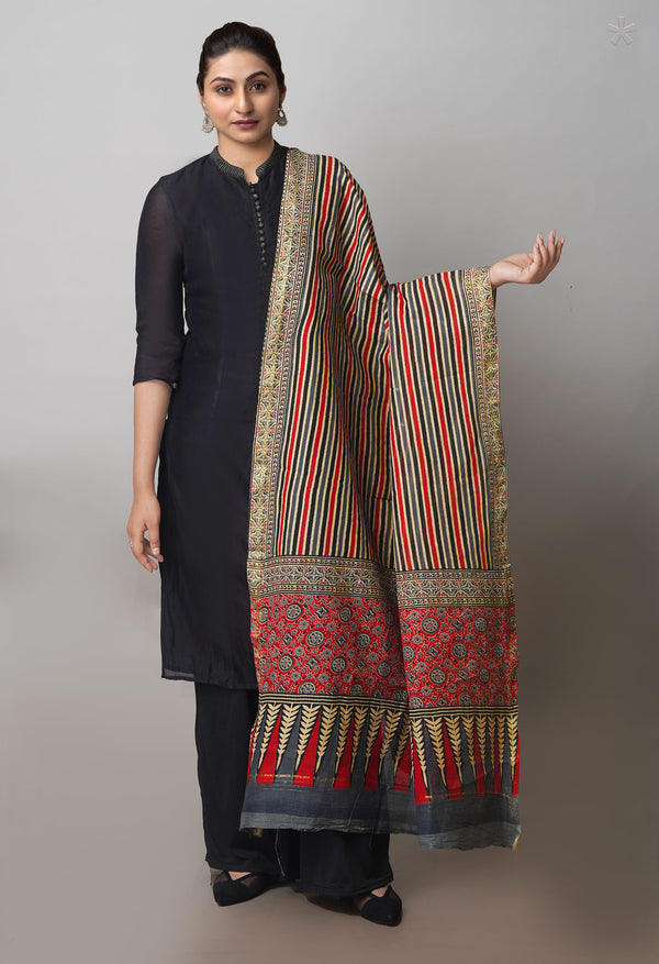 Multi Pure Ajrakh Mulmul Cotton Dupatta With Zari Border-UDS4187