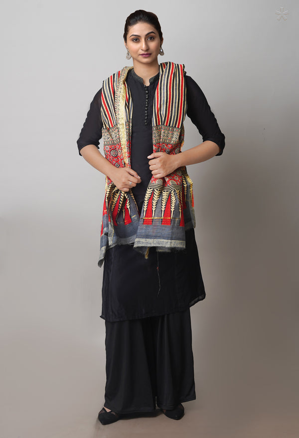 Multi Pure Ajrakh Mulmul Cotton Dupatta With Zari Border-UDS4187