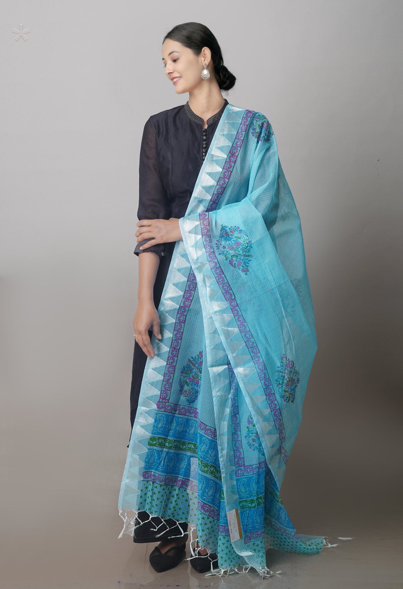 Blue Pure Block Printed Kota Cotton Dupatta with Silver Zari Weaving Border-UDS4192