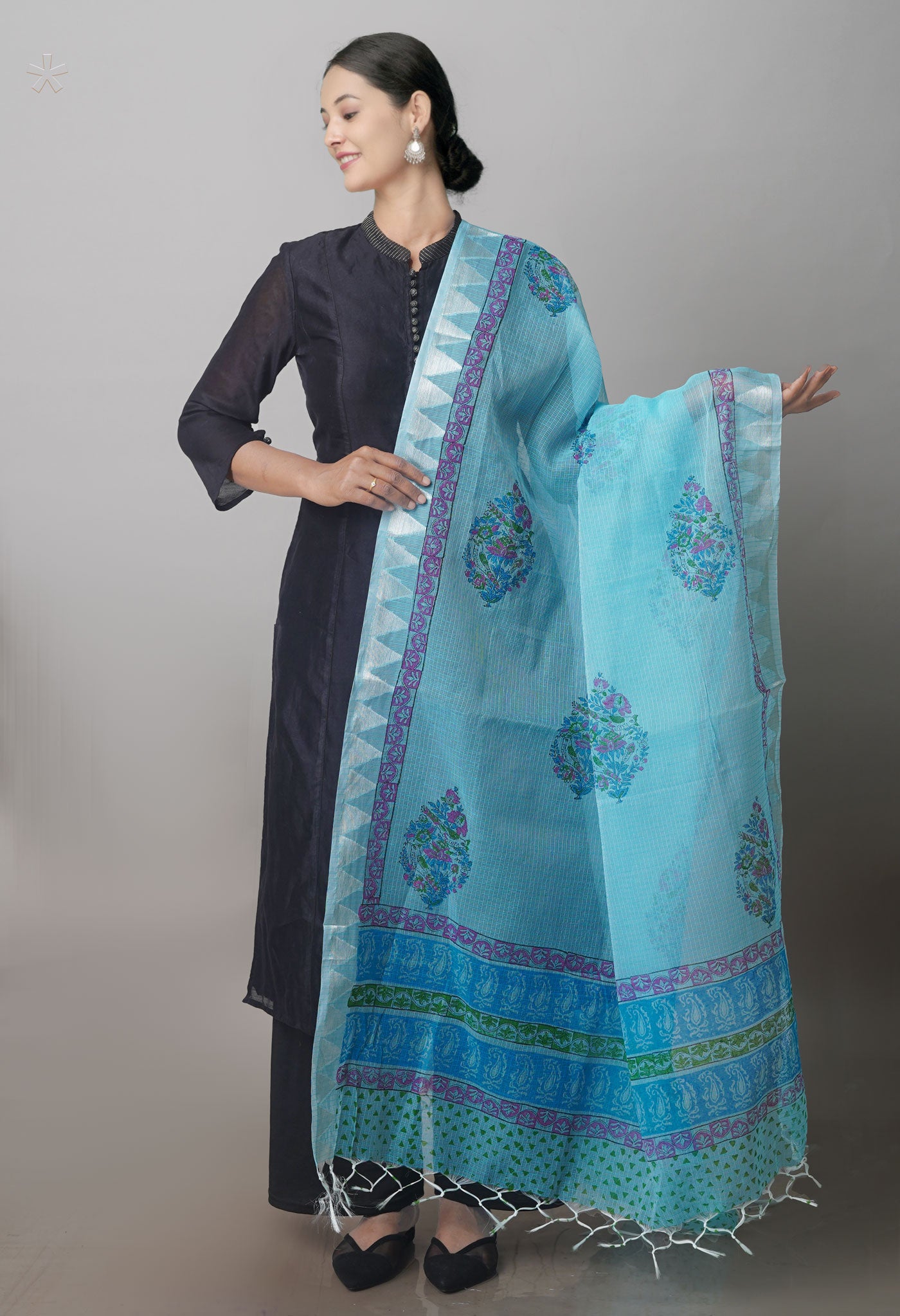 Blue Pure Block Printed Kota Cotton Dupatta with Silver Zari Weaving Border-UDS4192