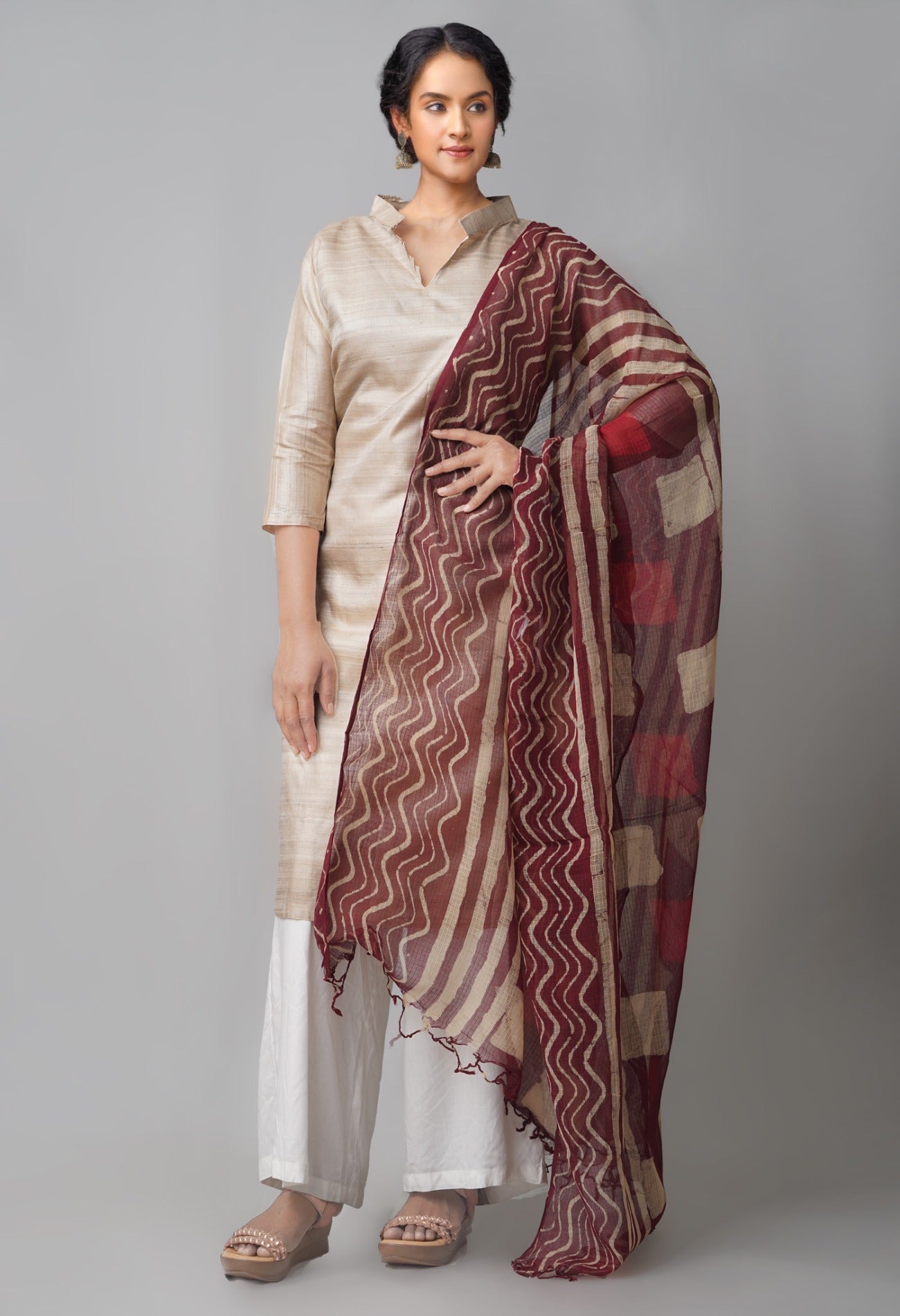 Online Shopping for Maroon Pure Kota Silk Dupatta with Bagru Prints from  Rajasthan at Unnatisilks.com, India 