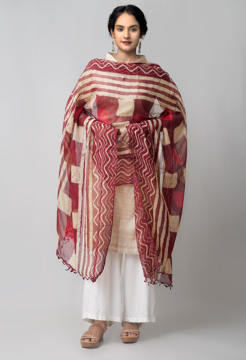 Online Shopping for Maroon Pure Kota Silk Dupatta with Bagru Prints from  Rajasthan at Unnatisilks.com, India 