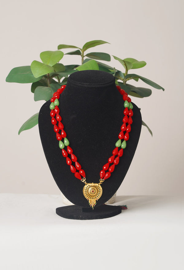 Red-Green Amravati Long Oval Shape Beads with Pendent- UJ450