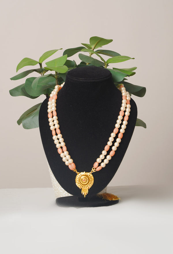 White and Orange Amravati Pearls Beads with Pendent- UJ453