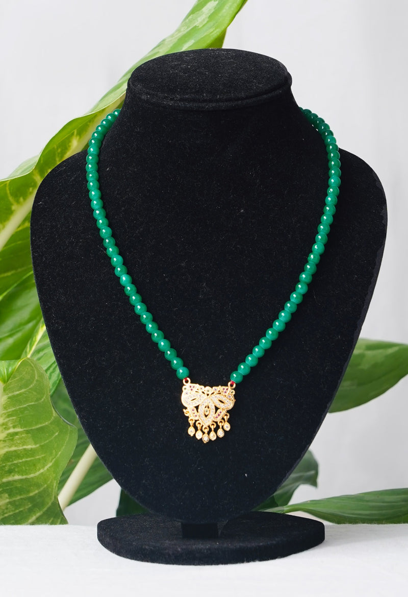 Green Amravati Ocean Beads Necklace with Micro Gold Plated Pendant-UJ135