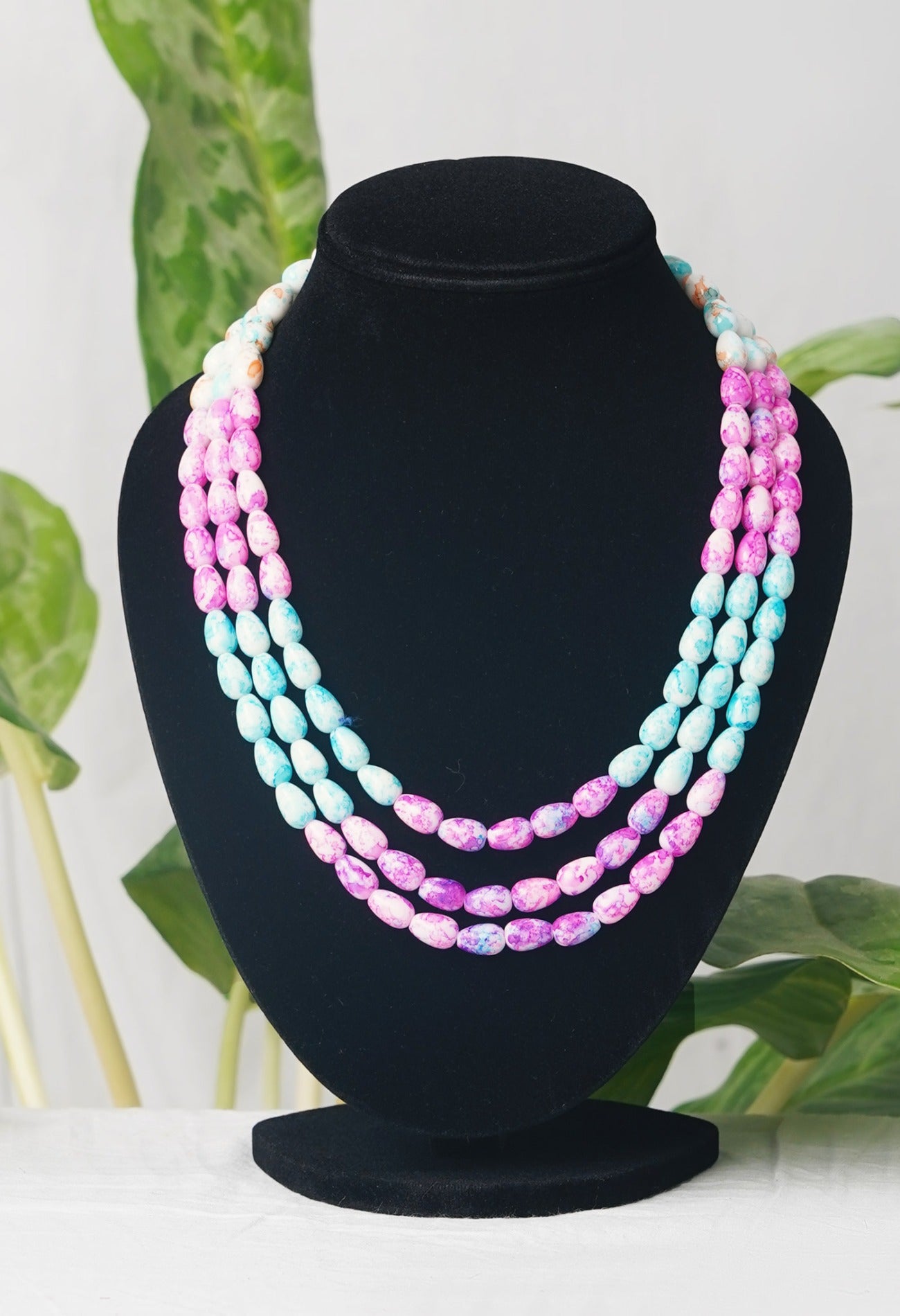 Blue and Pink Amravati Ocean Oval Shape Beads Necklace-UJ241