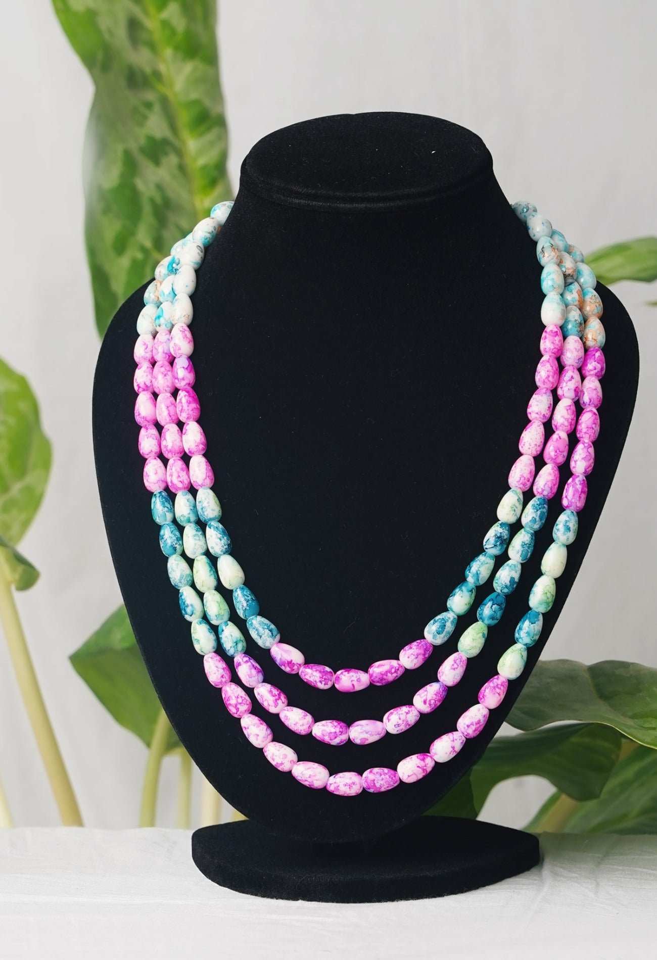 Blue and Pink Amravati Ocean Oval Shape Beads Necklace-UJ252