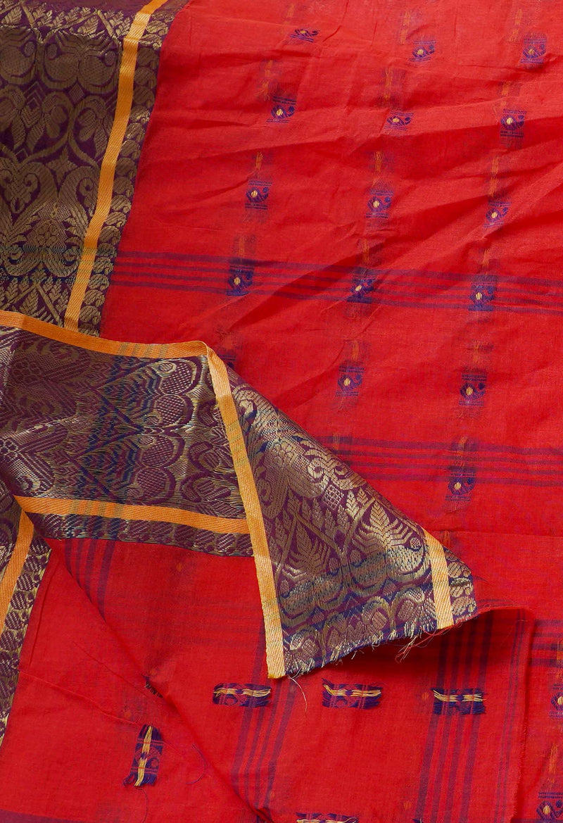 Red Pure Handloom Bengal Cotton Tant Saree-UNM64098