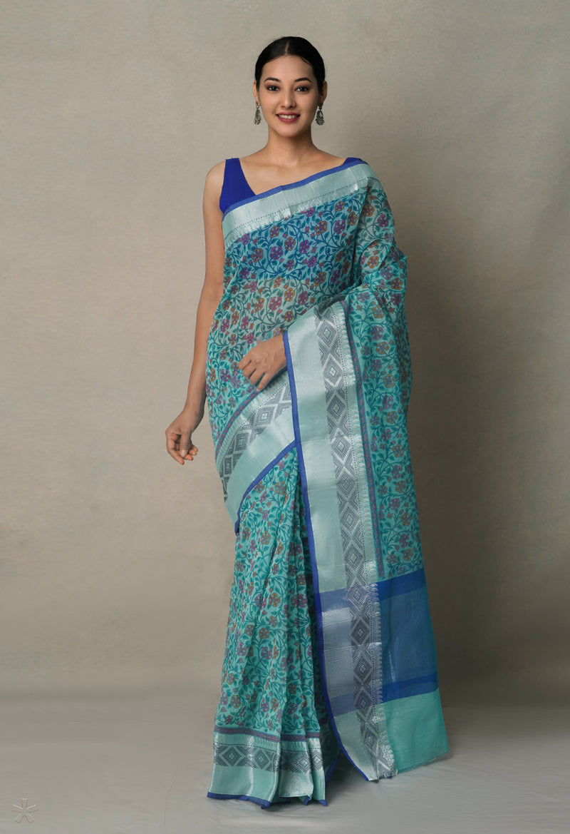 Turquoise Blue Chanderi Sico Saree with Block Prints -UNM64015