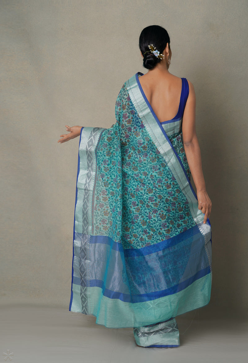 Turquoise Blue Chanderi Sico Saree with Block Prints -UNM64015