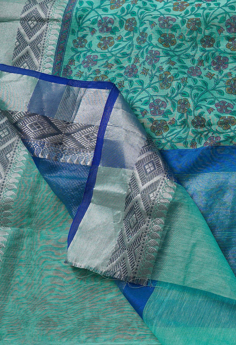 Turquoise Blue Chanderi Sico Saree with Block Prints -UNM64015