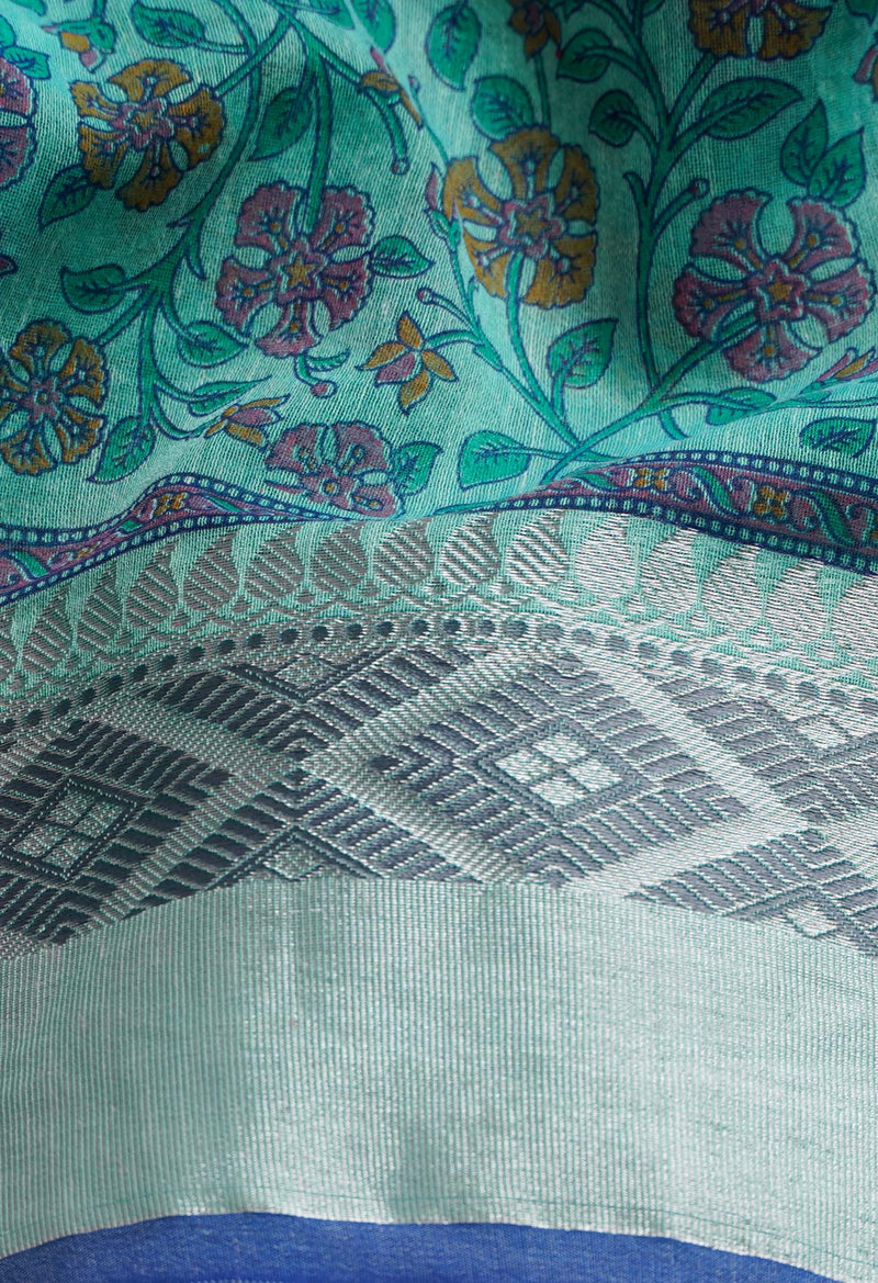 Turquoise Blue Chanderi Sico Saree with Block Prints -UNM64015