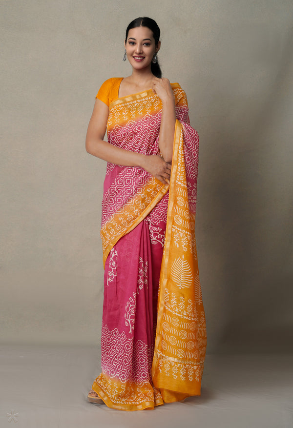 Pink-Yellow  Summer Bangalore Silk Saree-unm64686