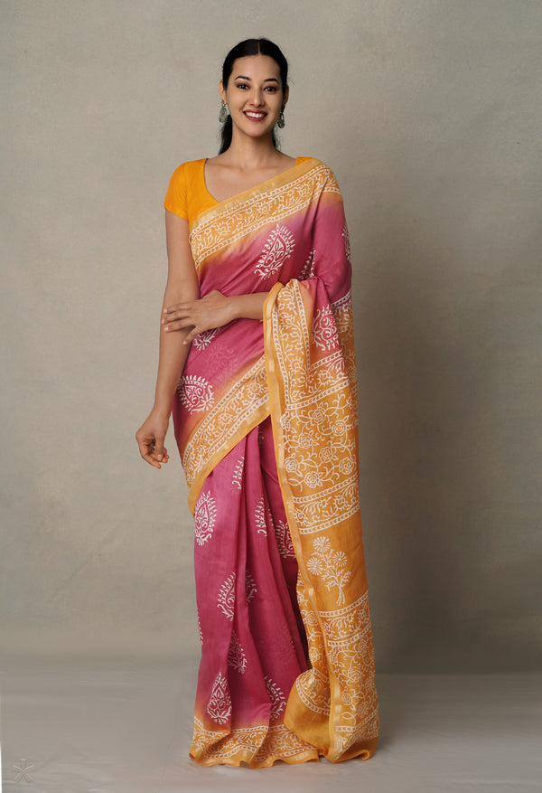 Pink-Yellow  Summer Bangalore Silk Saree-unm64690