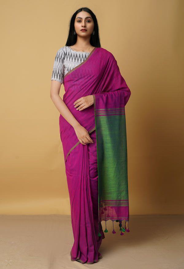 Pink-Green Pure  Cotton Linen Saree With Tassels-UNM65232