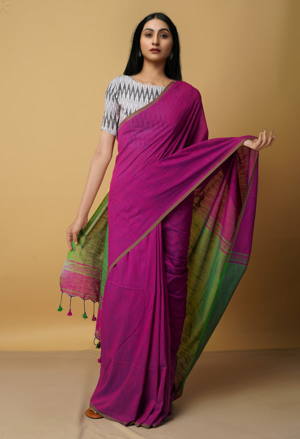 Pink-Green Pure  Cotton Linen Saree With Tassels-UNM65232
