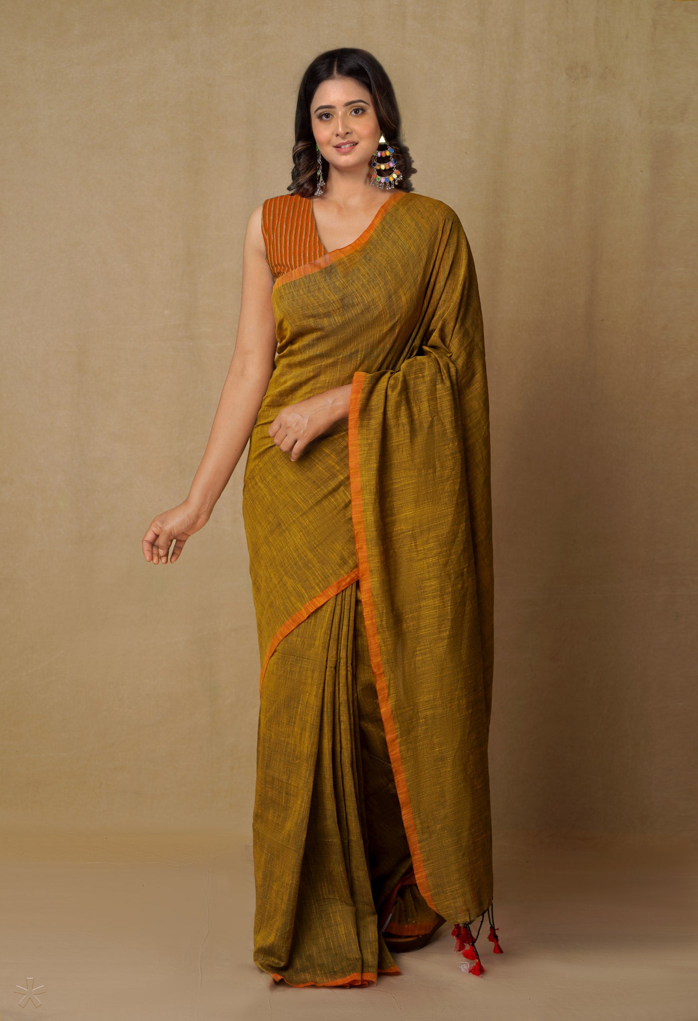 Gold Pure  Cotton Linen Saree With Tassels-UNM65245