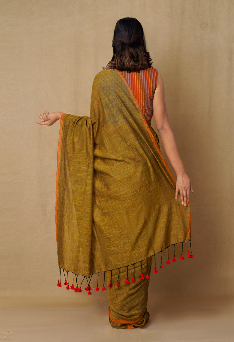 Gold Pure  Cotton Linen Saree With Tassels-UNM65245