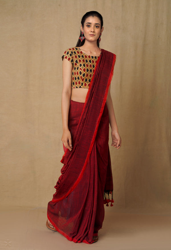 Maroon Pure  Cotton Linen Saree With Tassels-UNM65247