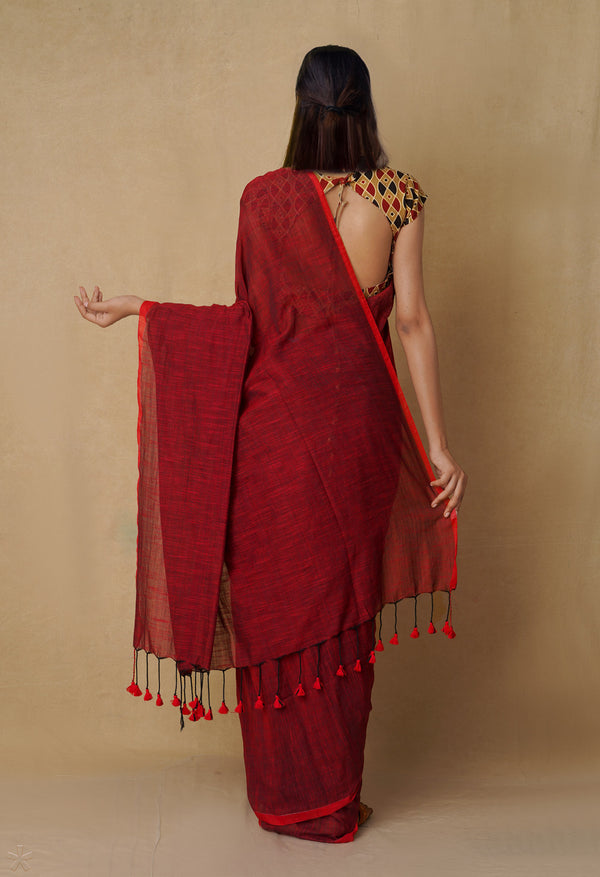 Maroon Pure  Cotton Linen Saree With Tassels-UNM65247