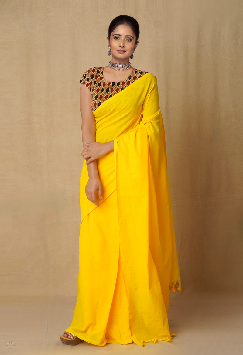Yellow Pure Cotton Linen Saree-UNM65279