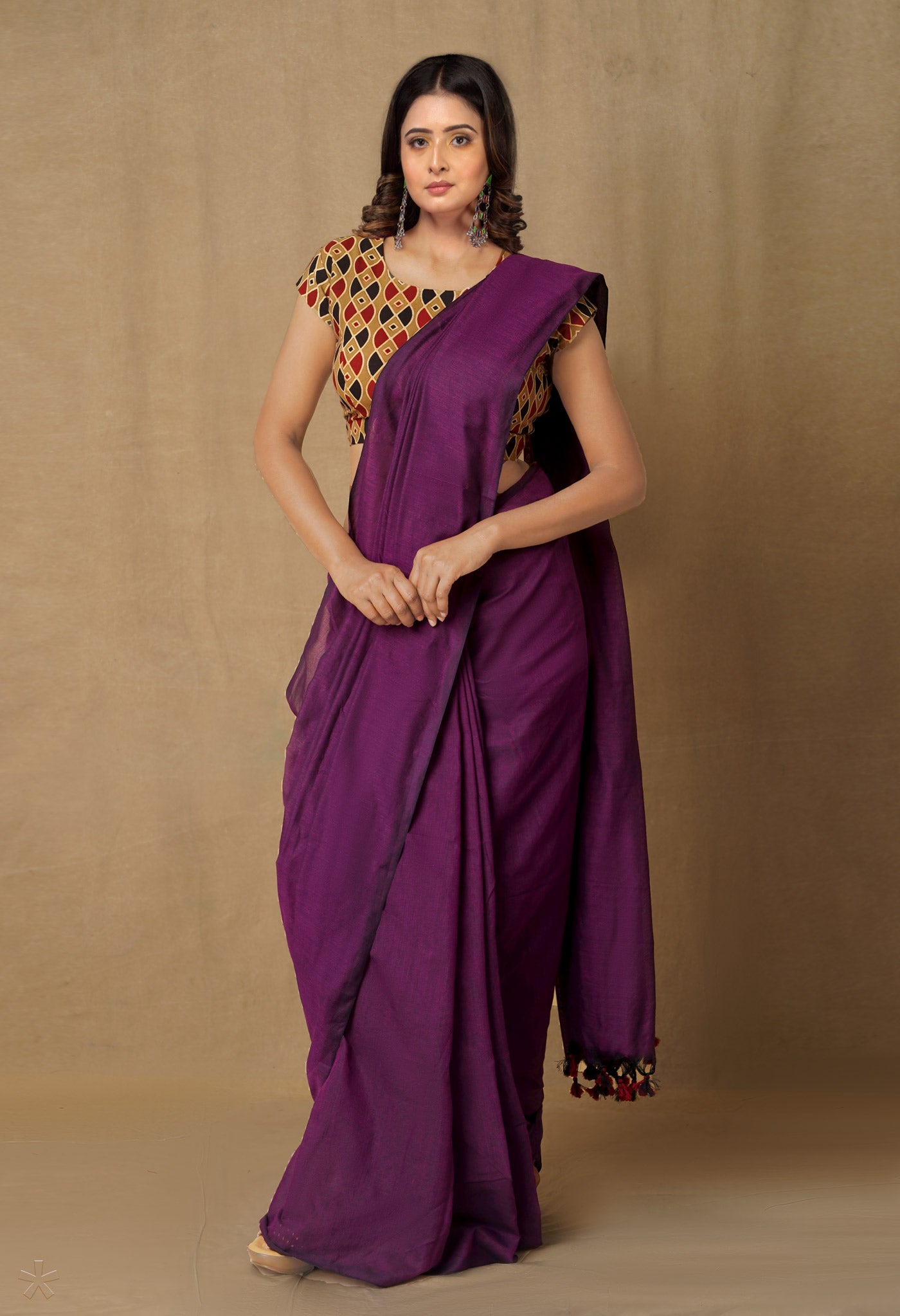 Purple-Black Pure Cotton Linen Saree-UNM65280