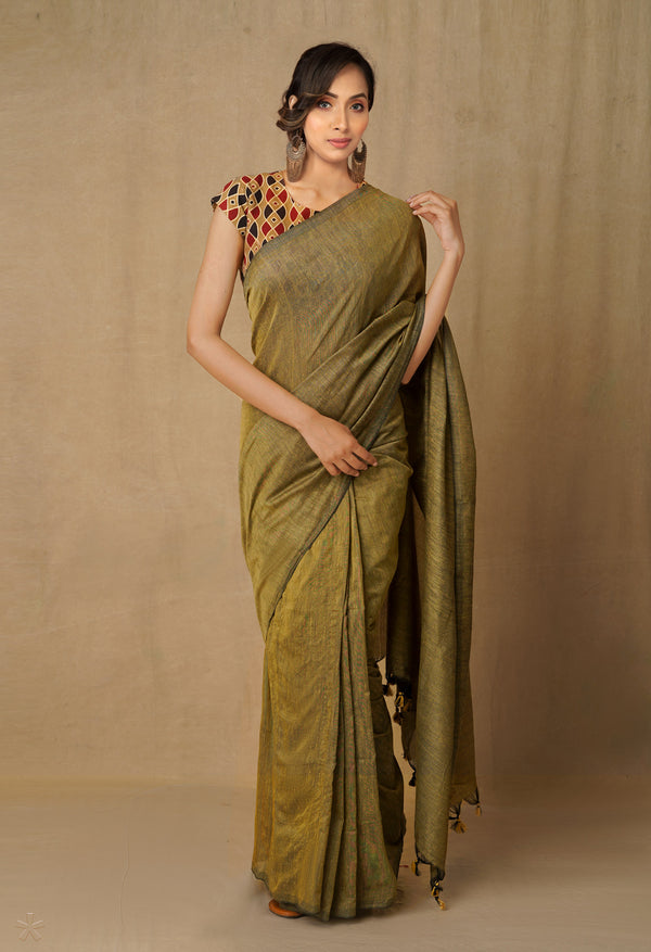 Brown-Black Pure Cotton Linen Saree-UNM65302