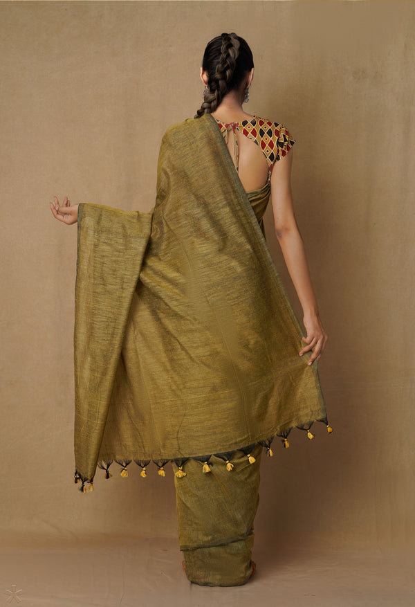 Brown-Black Pure Cotton Linen Saree-UNM65302