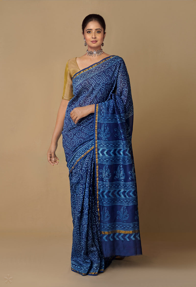 Navy Blue Pure Chanderi Cotton Saree-UNM65522