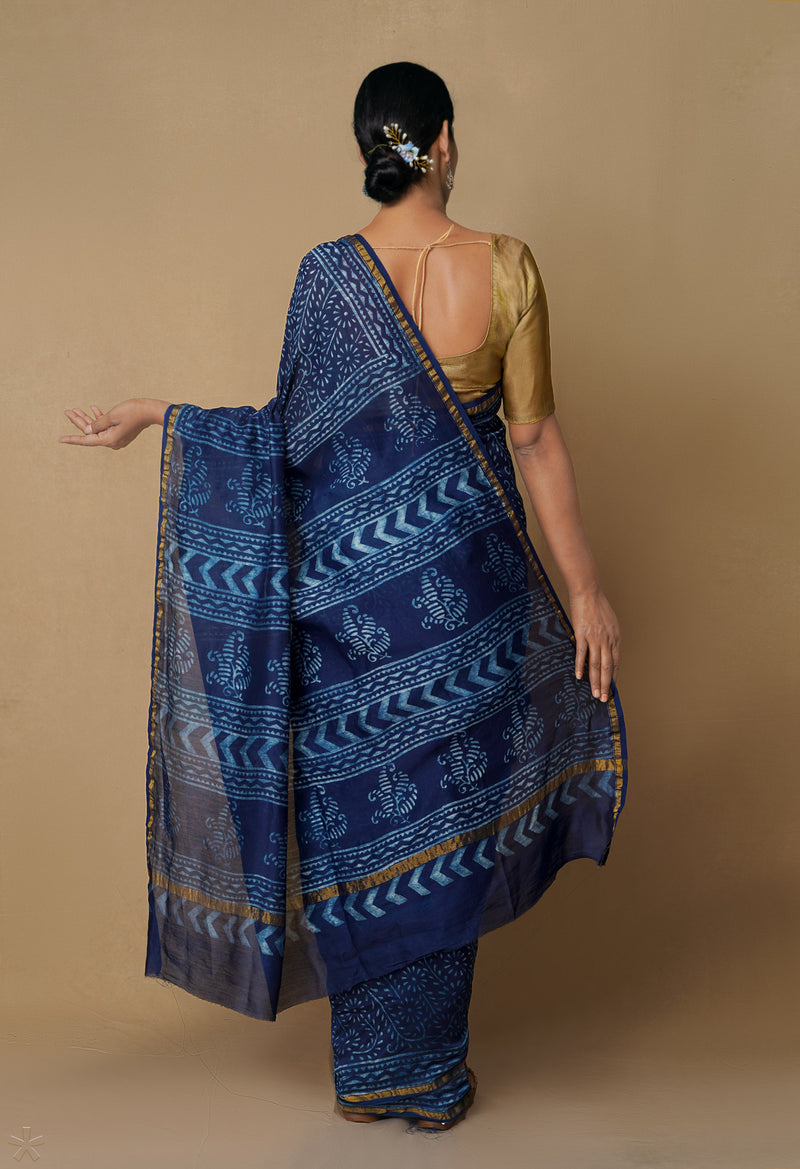 Navy Blue Pure Chanderi Cotton Saree-UNM65522