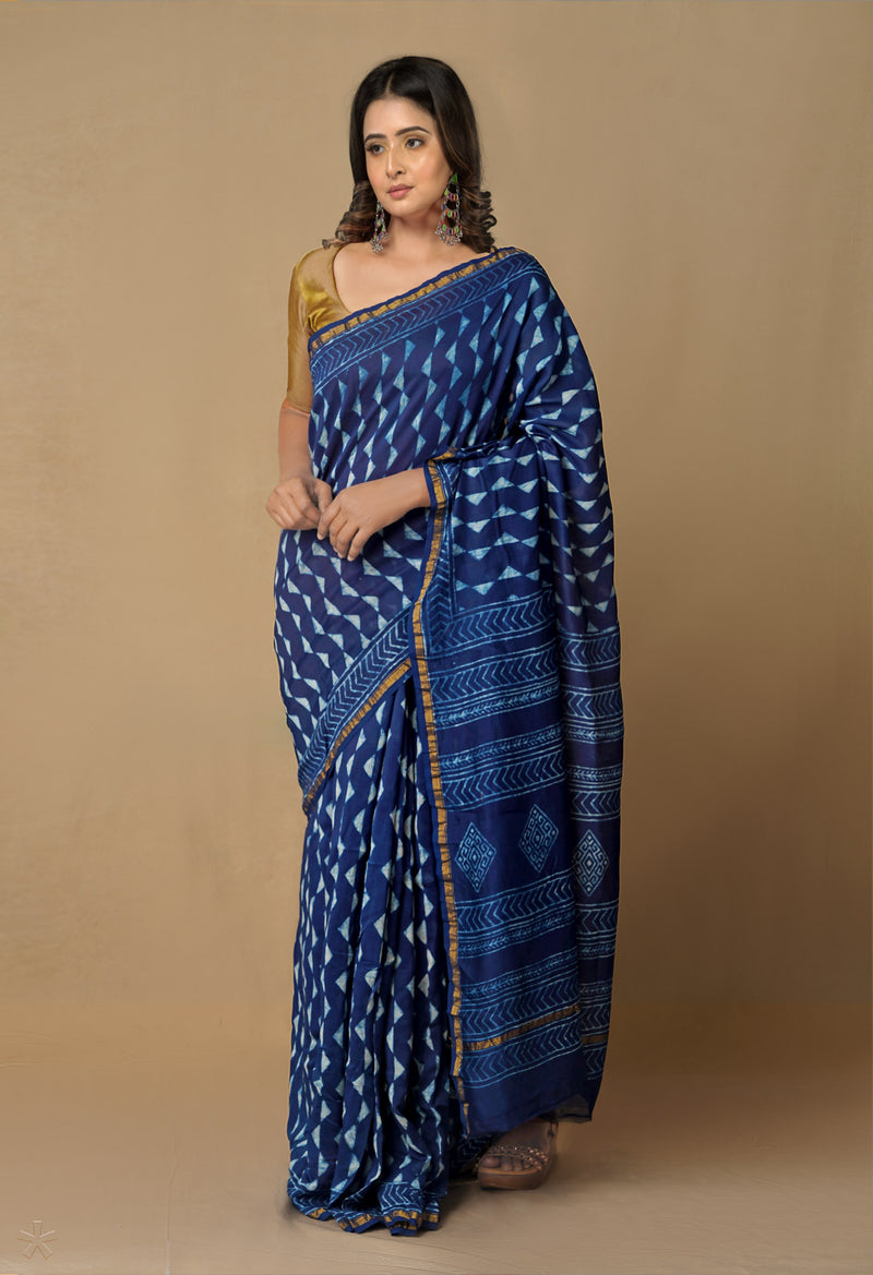 Navy Blue Pure Chanderi Cotton Saree-UNM65528