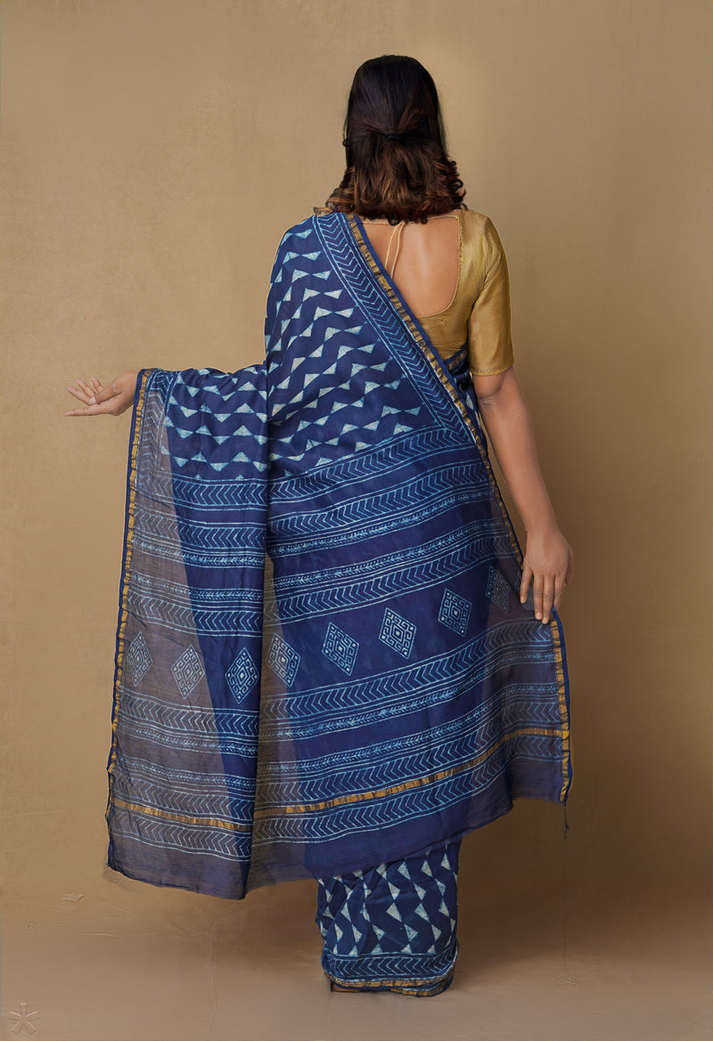 Navy Blue Pure Chanderi Cotton Saree-UNM65528