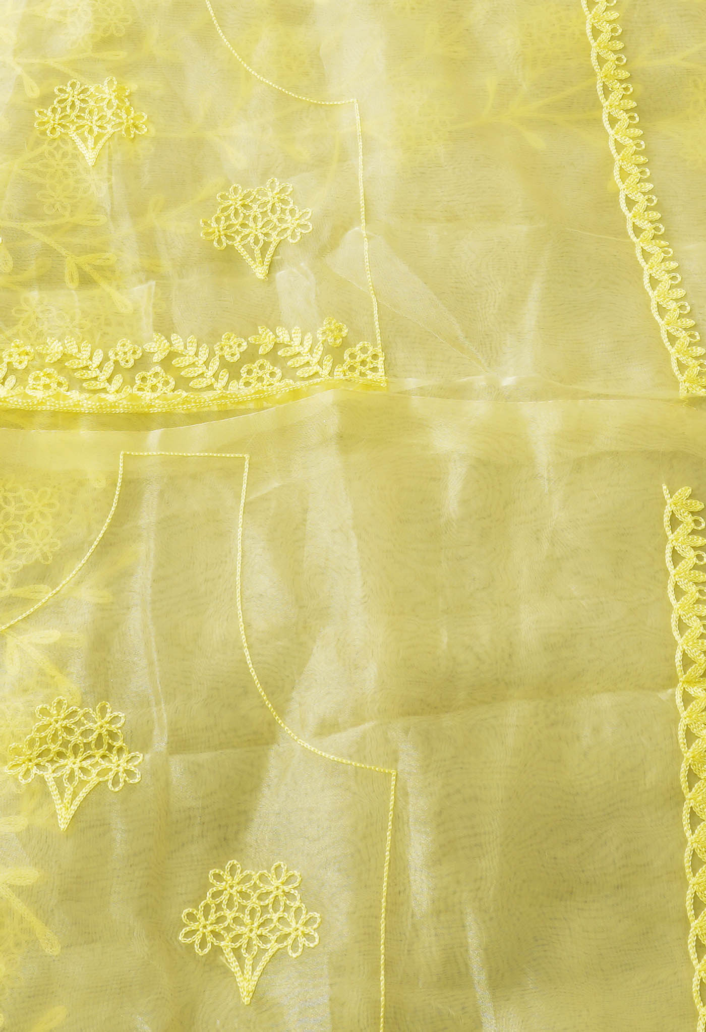 Lemon Yellow Pure Embroidery Organza Saree-UNM67986